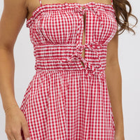 Red Check Midi Dress Ribbon Detail Strappy