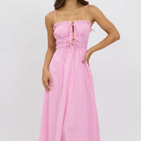 Pink Check Midi Dress Ribbon Detail Strappy