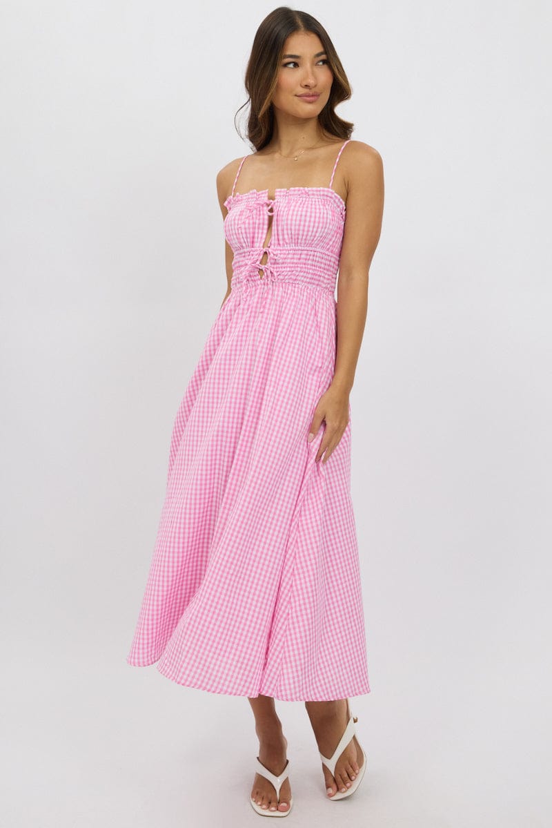Pink Check Midi Dress Ribbon Detail Strappy