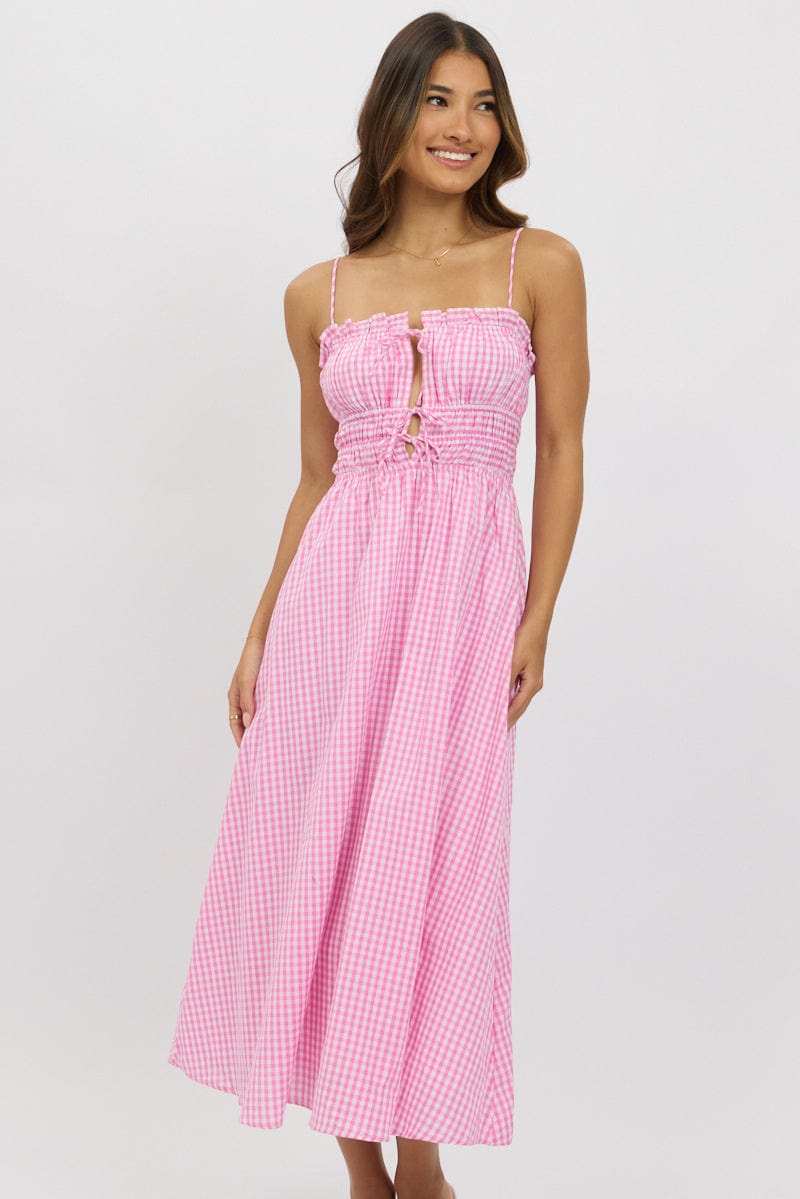 Pink Check Midi Dress Ribbon Detail Strappy