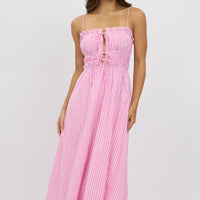 Pink Check Midi Dress Ribbon Detail Strappy