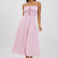 Pink Stripe Midi Dress Ribbon Detail Strappy
