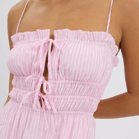 Pink Stripe Midi Dress Ribbon Detail Strappy