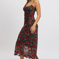 Red Floral Midi Dress Bias Chiffon