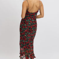 Red Floral Midi Dress Bias Chiffon