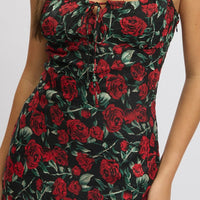 Red Floral Midi Dress Bias Chiffon
