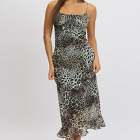 Brown Animal Print Midi Dress Bias Chiffon