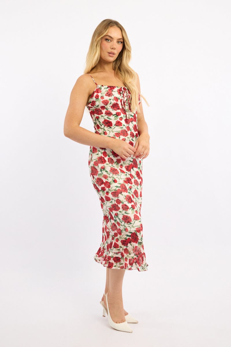 White Floral Midi Dress Bias Chiffon