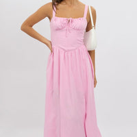 Pink Midi Dress Gathering Bust Corset Detail