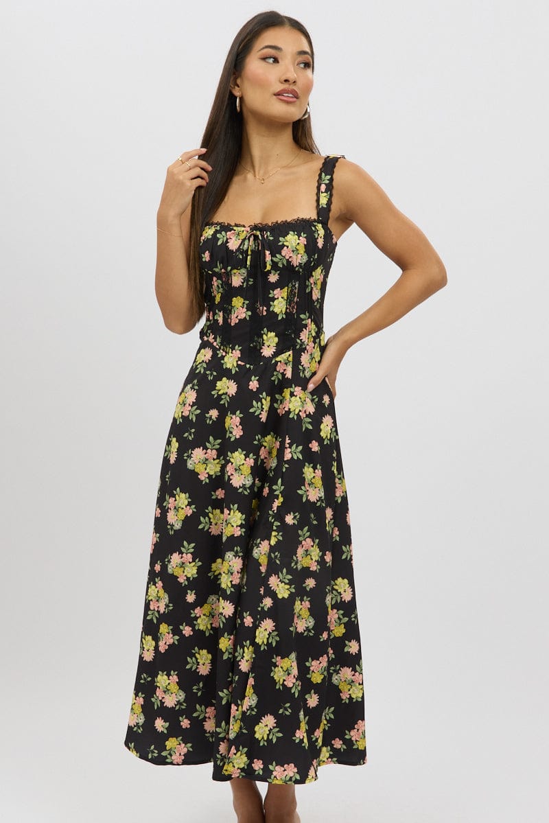Black Floral Midi Dress Corset Detail