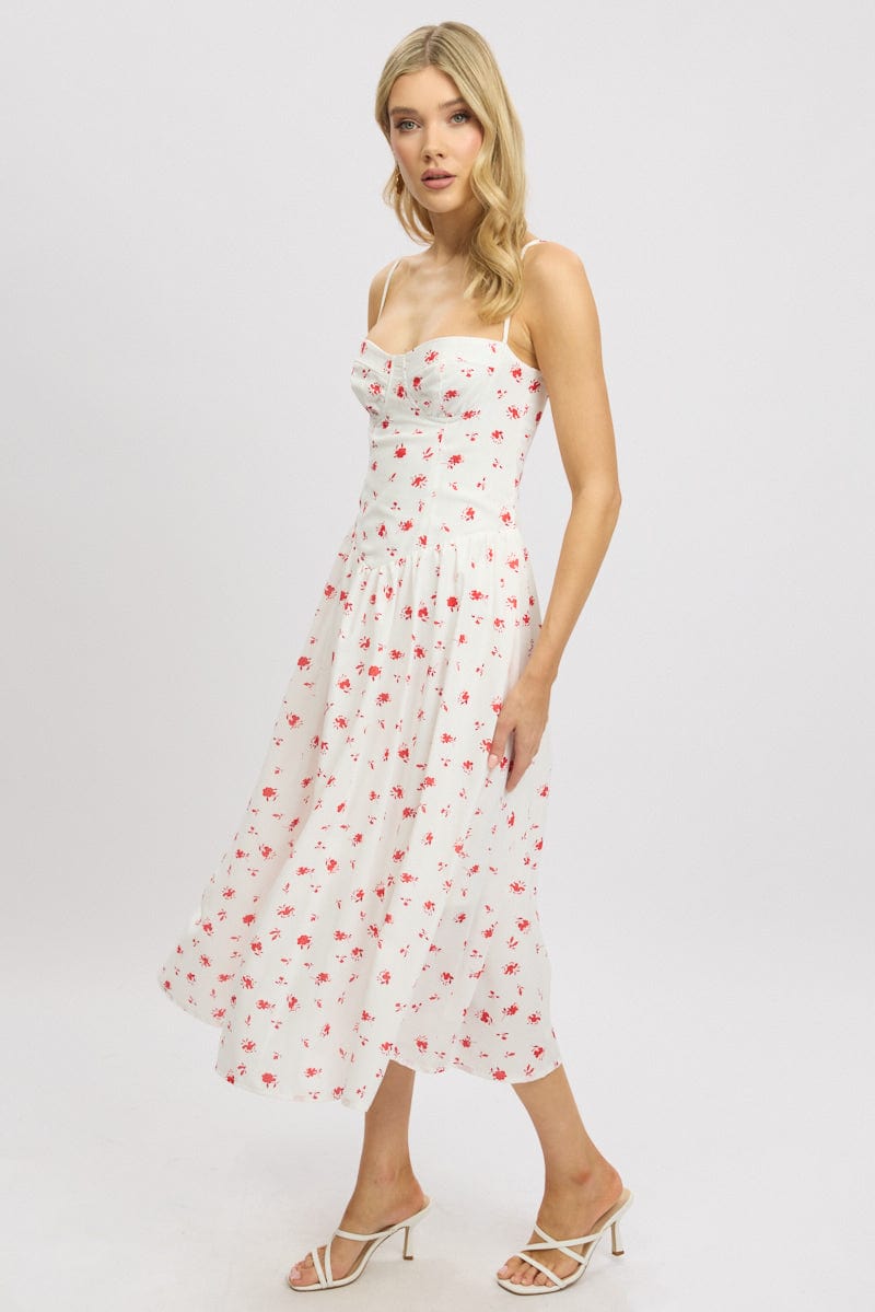 White Floral Midi Dress Corset Detail
