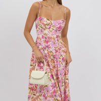 Multi Floral Midi Dress Corset Detail