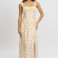 Pink Floral Midi Dress Gathered Bust