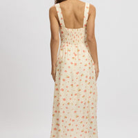 Pink Floral Midi Dress Gathered Bust