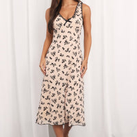 Beige Floral Midi Dress Mesh