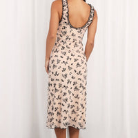 Beige Floral Midi Dress Mesh