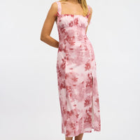 Pink Floral Midi Dress Gathered Bust Mesh