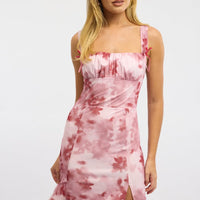 Pink Floral Midi Dress Gathered Bust Mesh