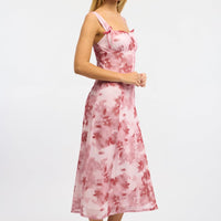 Pink Floral Midi Dress Gathered Bust Mesh