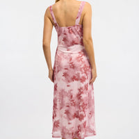 Pink Floral Midi Dress Gathered Bust Mesh