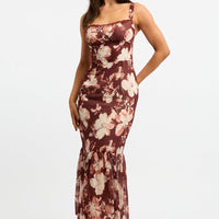 Black Floral Midi Dress Hem Frill