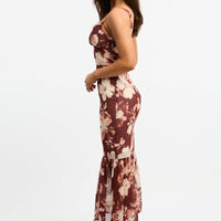 Black Floral Midi Dress Hem Frill