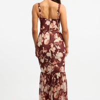 Black Floral Midi Dress Hem Frill