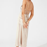Beige Midi Dress Sleeveless Cowl Neck Satin Slip Lace