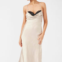 Beige Midi Dress Sleeveless Cowl Neck Satin Slip Lace