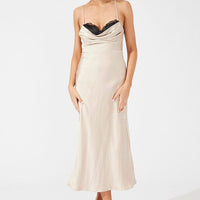 Beige Midi Dress Sleeveless Cowl Neck Satin Slip Lace