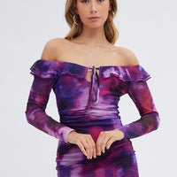 Purple Abstract Mini Dress Long Sleeve Off Shoulder Frill Mesh