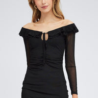 Black Mini Dress Long Sleeve Off Shoulder Frill Mesh