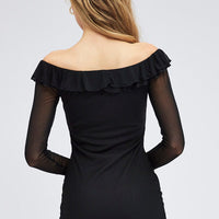 Black Mini Dress Long Sleeve Off Shoulder Frill Mesh