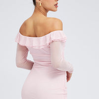 Pink Mini Dress Long Sleeve Off Shoulder Frill Mesh