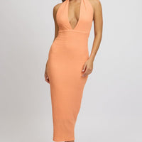 Orange Bodycon Dress Halter Neck Texured