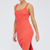 Orange Midi Dress Bodycon Round Neck Ribbed Knit