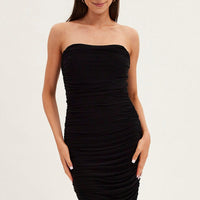 Black Midi Dress Bodycon Ruched Mesh