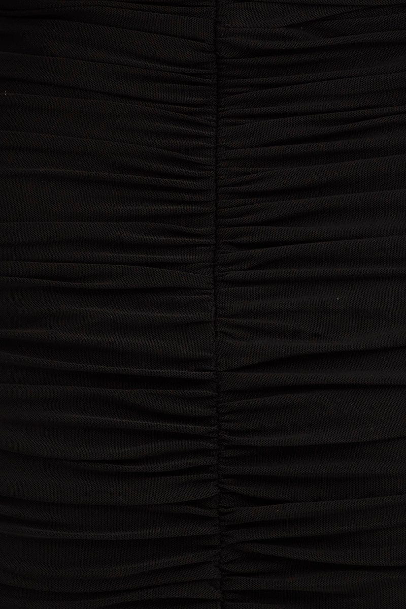 Black Midi Dress Bodycon Ruched Mesh