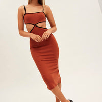 Brown Midi Dress Adjustable Straps Cut Out Jersey Rib