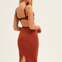 Brown Midi Dress Adjustable Straps Cut Out Jersey Rib