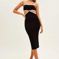 Black Midi Dress Adjustable Straps Cut Out Jersey Rib