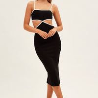 Black Midi Dress Adjustable Straps Cut Out Jersey Rib