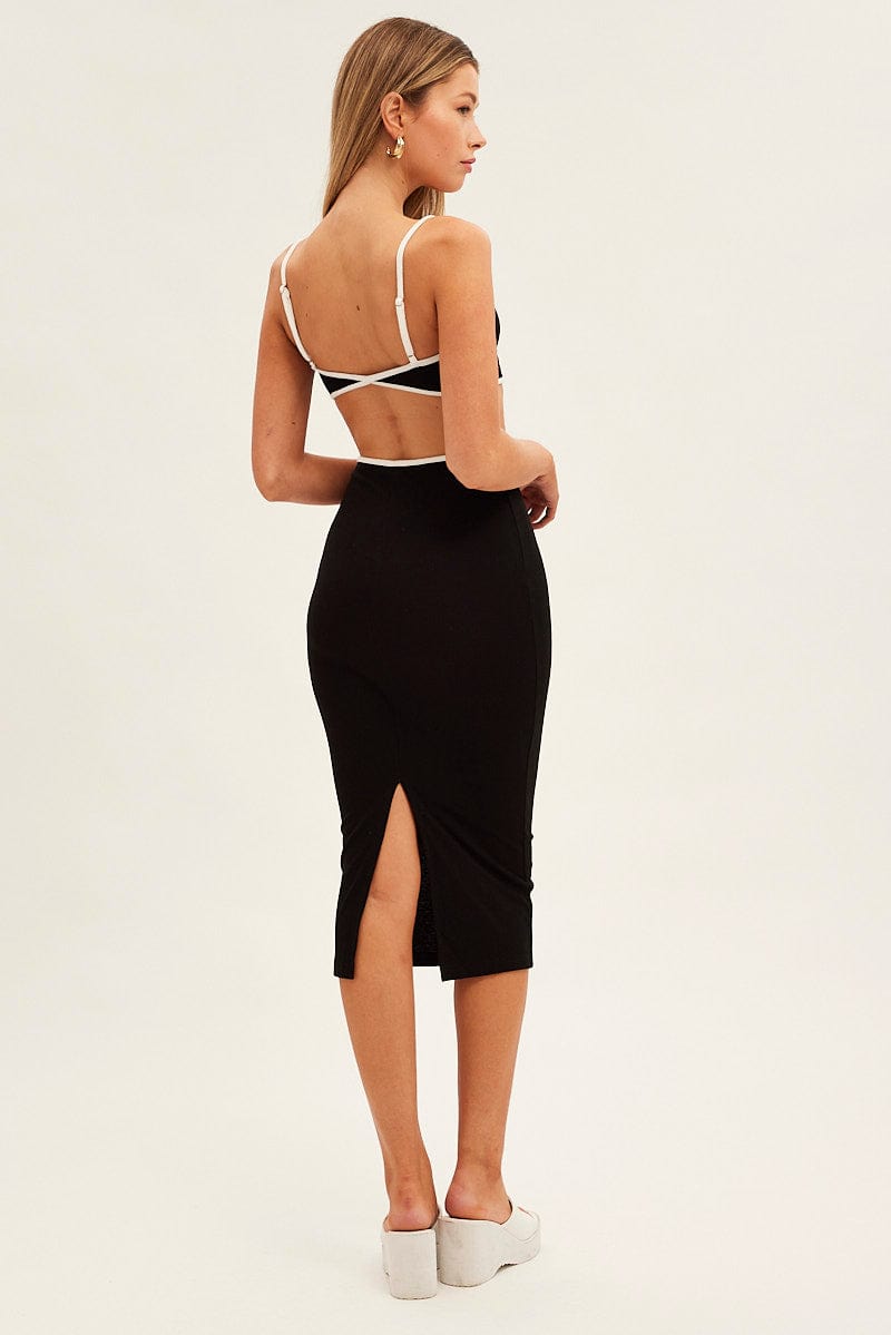 Black Midi Dress Adjustable Straps Cut Out Jersey Rib