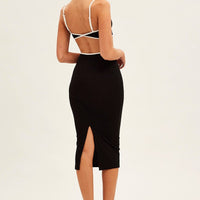 Black Midi Dress Adjustable Straps Cut Out Jersey Rib