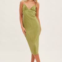 Green Slip Dress Midi Plisse Satin