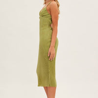 Green Slip Dress Midi Plisse Satin