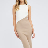 Beige Midi Dress Round Neck Colour Blocked Knit