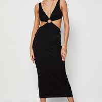 Black Midi Dress Ribbed Cut Out