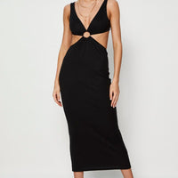 Black Midi Dress Ribbed Cut Out