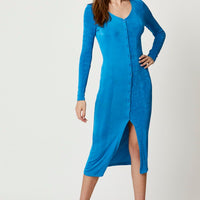 Blue Button Front Slinky Midi Dress